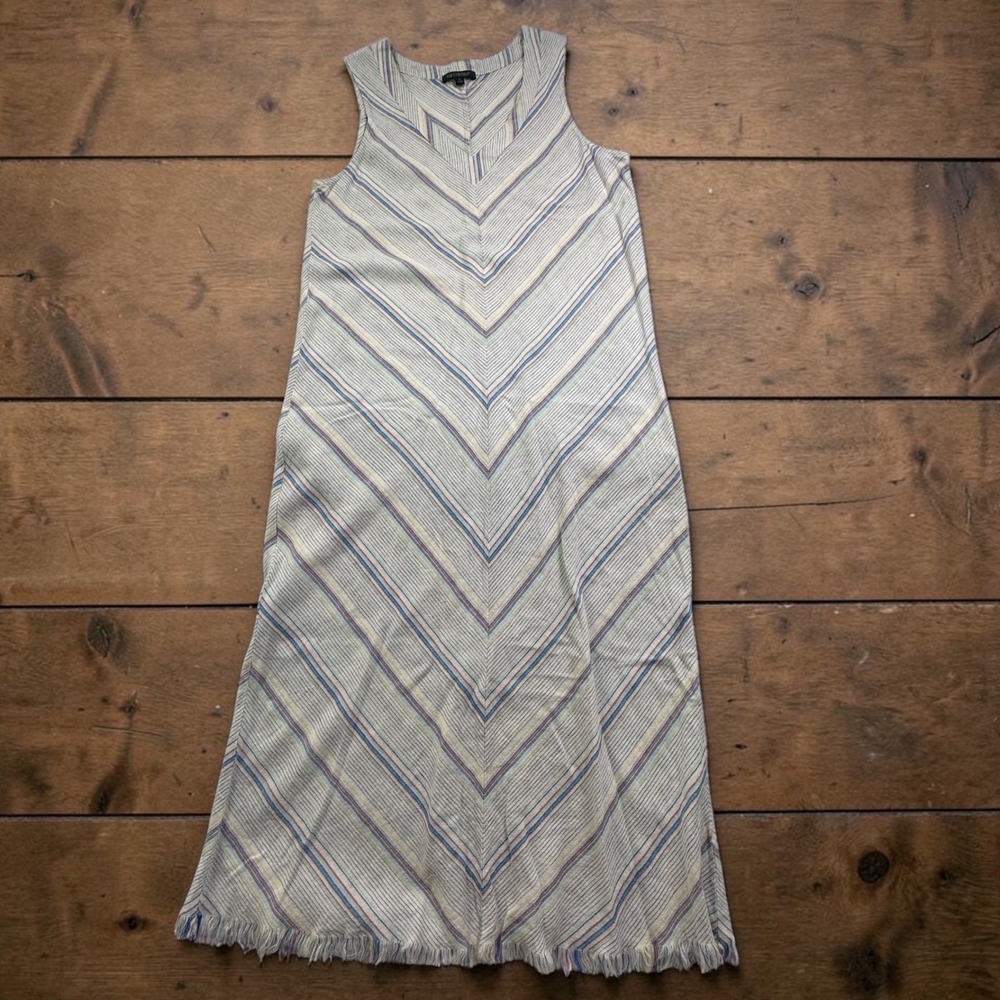 For Cynthia Womens Linen Blend Chevron Stripe Sleeveless Maxi Dress Fringe Hem M
